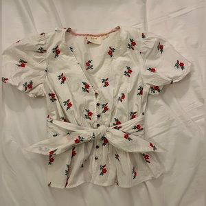 Anthropologie Maeve Blouse with tie front and embroidery